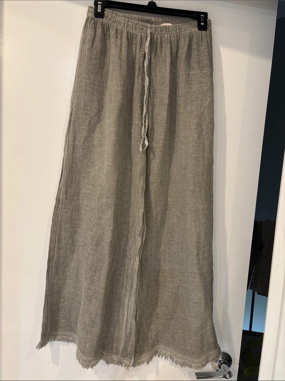 Wide Leg Linen-Blend Drawstring Pants in Light Gray